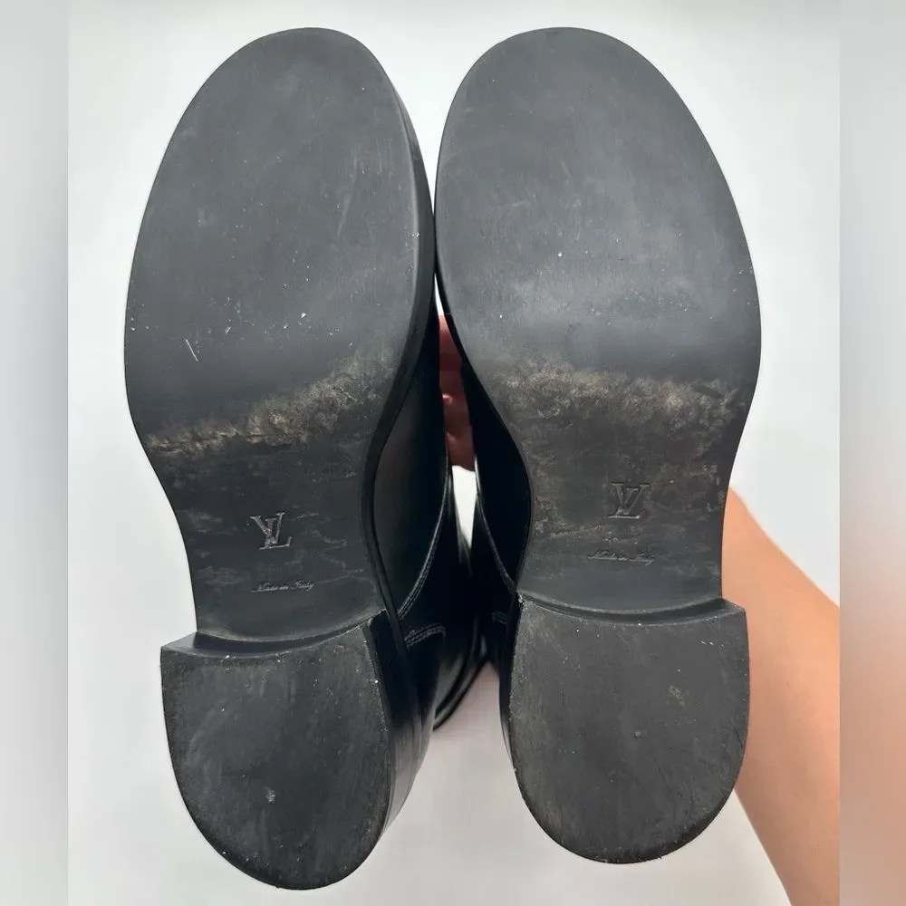 Louis Vuitton Wonderland Ranger Combat Moto Boots Black Leather LV Logo EU 38.5